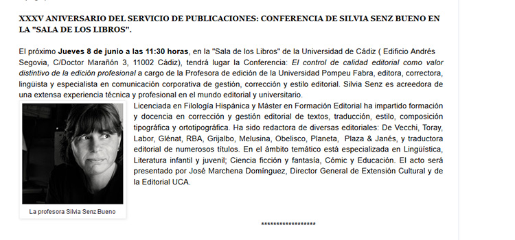Silvia Senz habla en la UCA sobre ‘El control de calidad editorial como valor distintivo de la edición profesional’