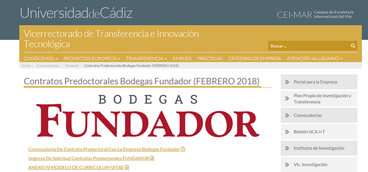 La UCA convoca un contrato predoctoral para tesis industrial en la empresa Bodegas Fundador, S.L.U.