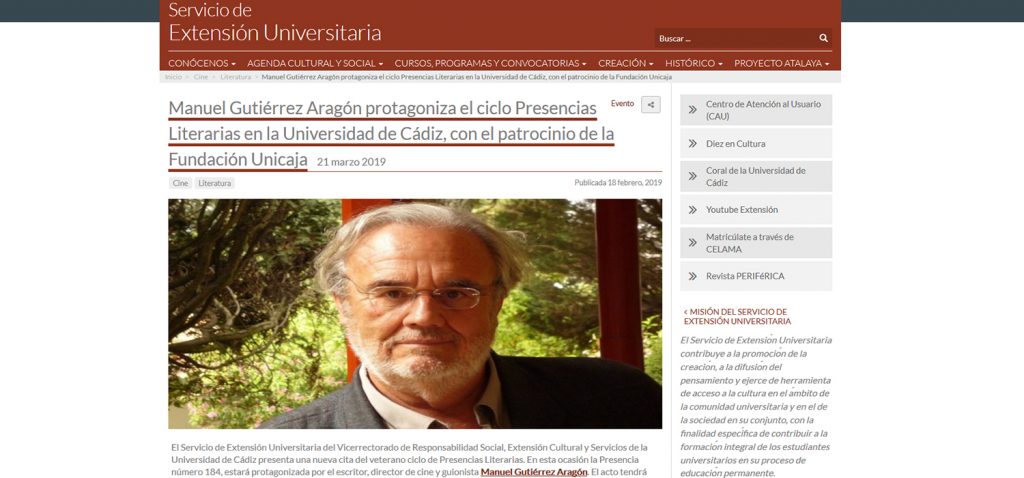 El escritor Manuel Gutiérrez Aragón, hoy en las Presencias Literarias de la UCA