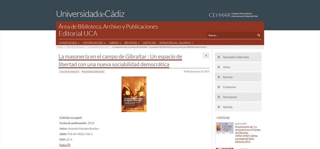 El sello Editorial UCA presenta ‘La masonería en el Campo de Gibraltar (1902-1942)’