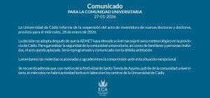 Aplazado el acto de investidura de nuevas doctoras y doctores a causa del temporal