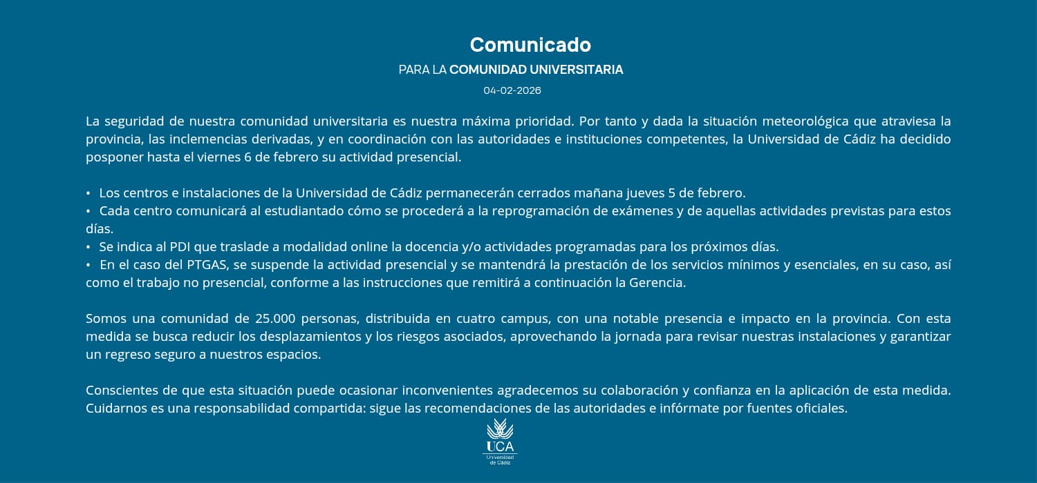 La Universidad de Cádiz aplaza la actividad presencial en los campus hasta el viernes 6 ante la situación meteorológica