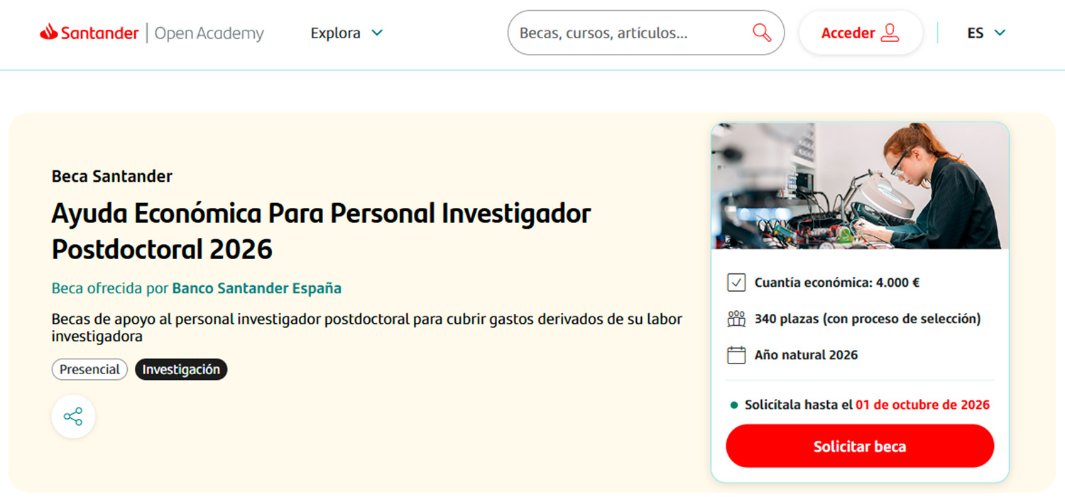 El plazo para solicitar las Becas Santander Investigación Postdoctoral de la UCA finaliza el 1 de octubre